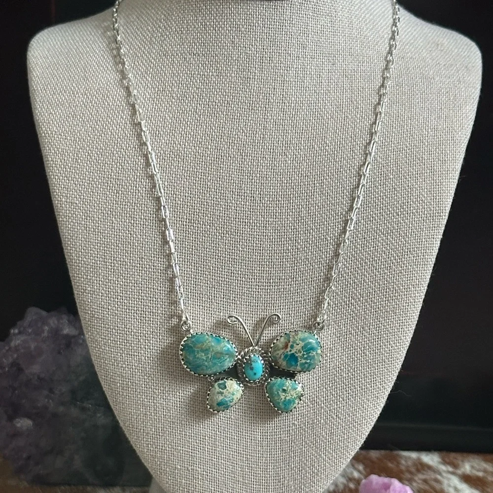 Turquoise & Sea Sediment Jasper Butterfly Southwestern Sterling Silver Necklace - Picture 8 of 9